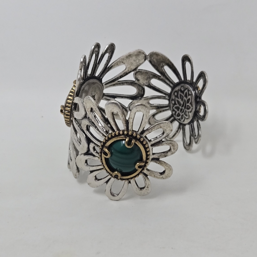 LUCKY BRAND Boho Southwest Faux Turquoise Malachite Flower Cuff Bracelet Western - Picture 4 of 15